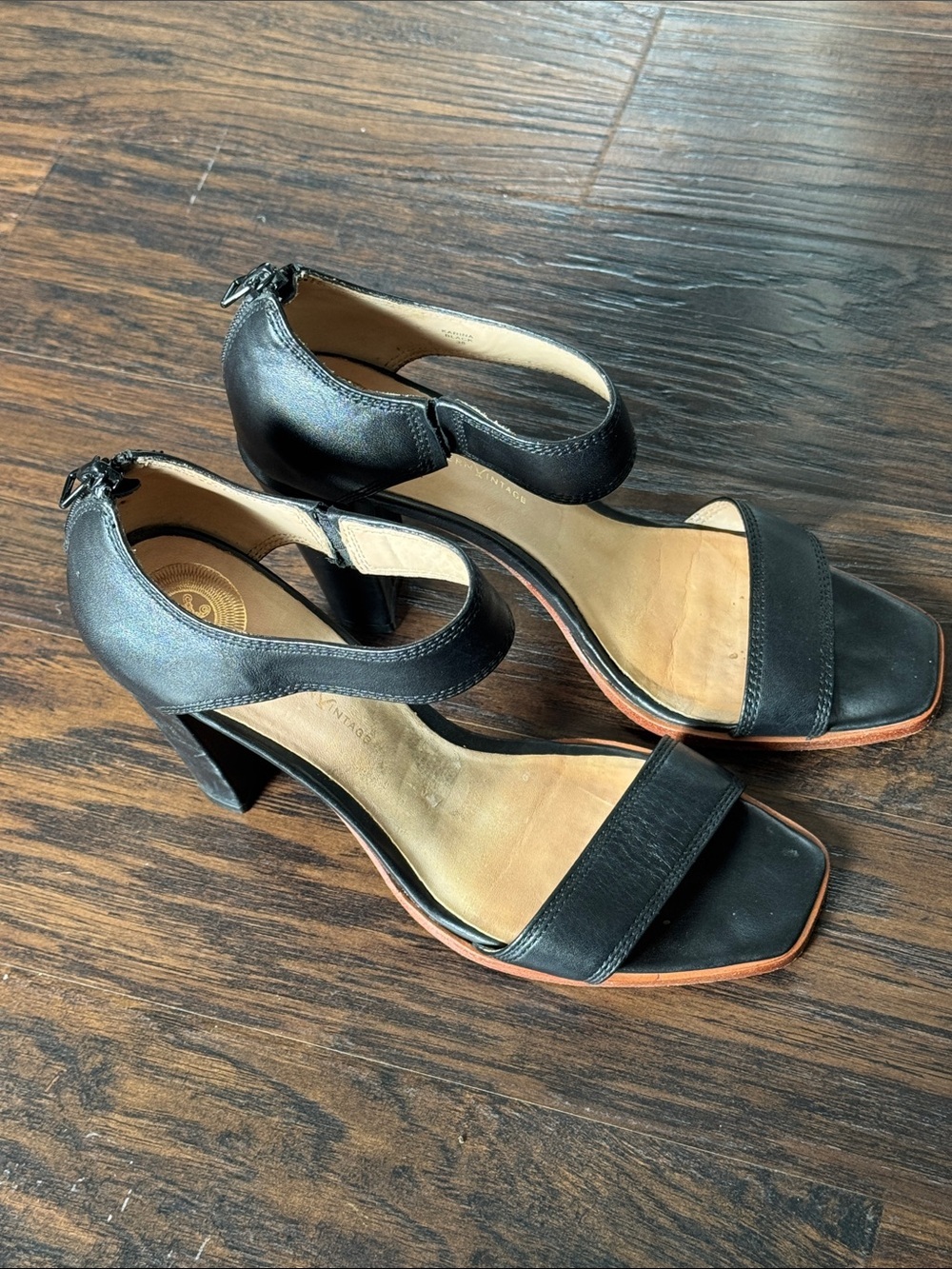 Modern Vintage Black Open Square Toe Ankle Strap Block Heel Sandals